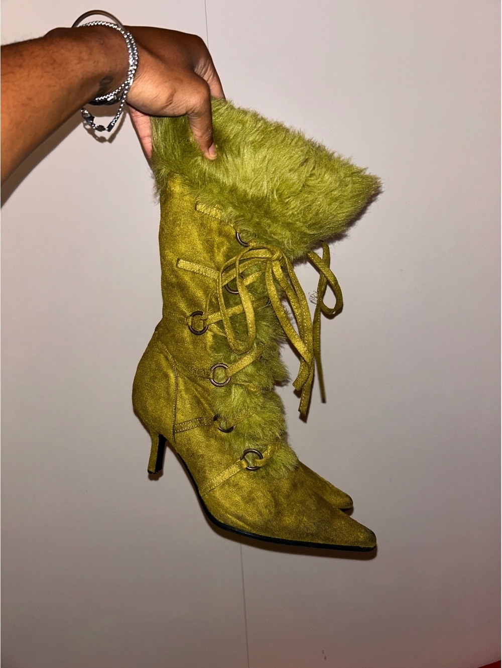 Women's Olive Green Faux Fur Lace-Up Heeled Boots